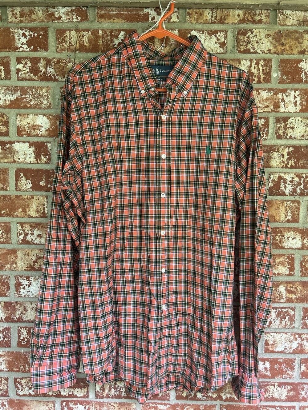 Ralph Lauren Button Up Shirt Tall Orange Blue Pony Tartan XLarge